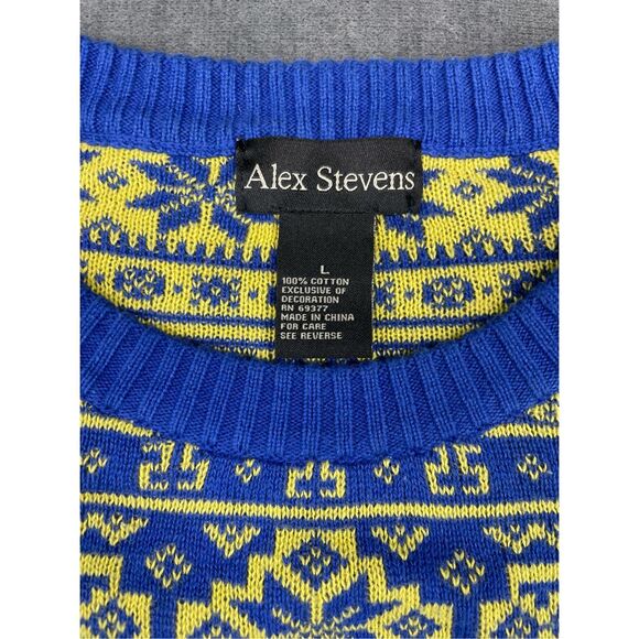 Mens Ugly Christmas Sweater L Blue Yellow Santa Dinosaur Knit Funny Holiday - Picture 5 of 9